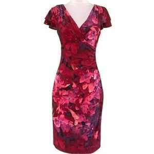 Lauren Ralph Lauren Dress Red Floral Faux Wrap Midi Flutter Sleeve Womens 6P